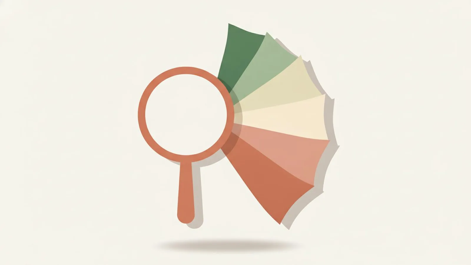 Flat editorial illustration of a paint swatch fan beside a hand mirror in forest green, sage and cream, for the guide What Colors Look Good on Me? The Real Answer