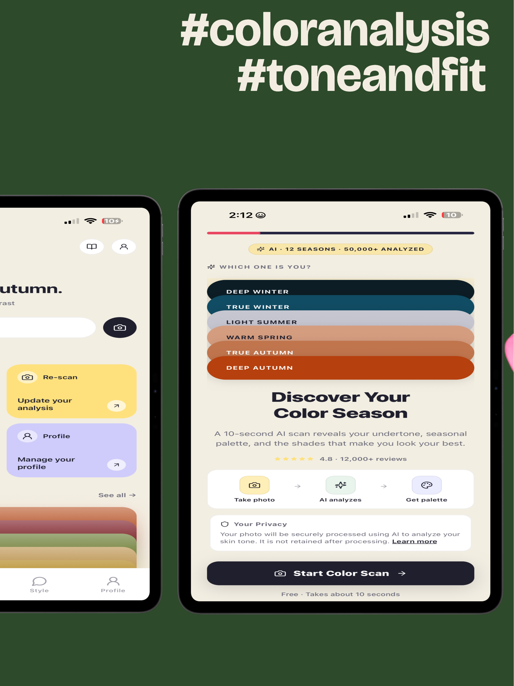 Tone and Fit color analysis app showing the 12 season picker with Deep Winter, True Winter, Light Summer, Warm Spring, True Autumn, and Deep Autumn options