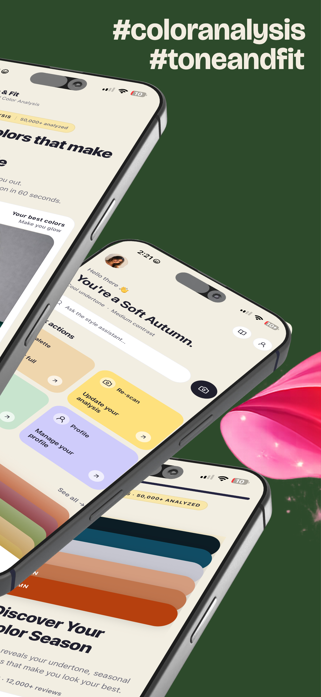 Tone and Fit color analysis dashboard with 50,000 plus analyzed users and your best colors gallery
