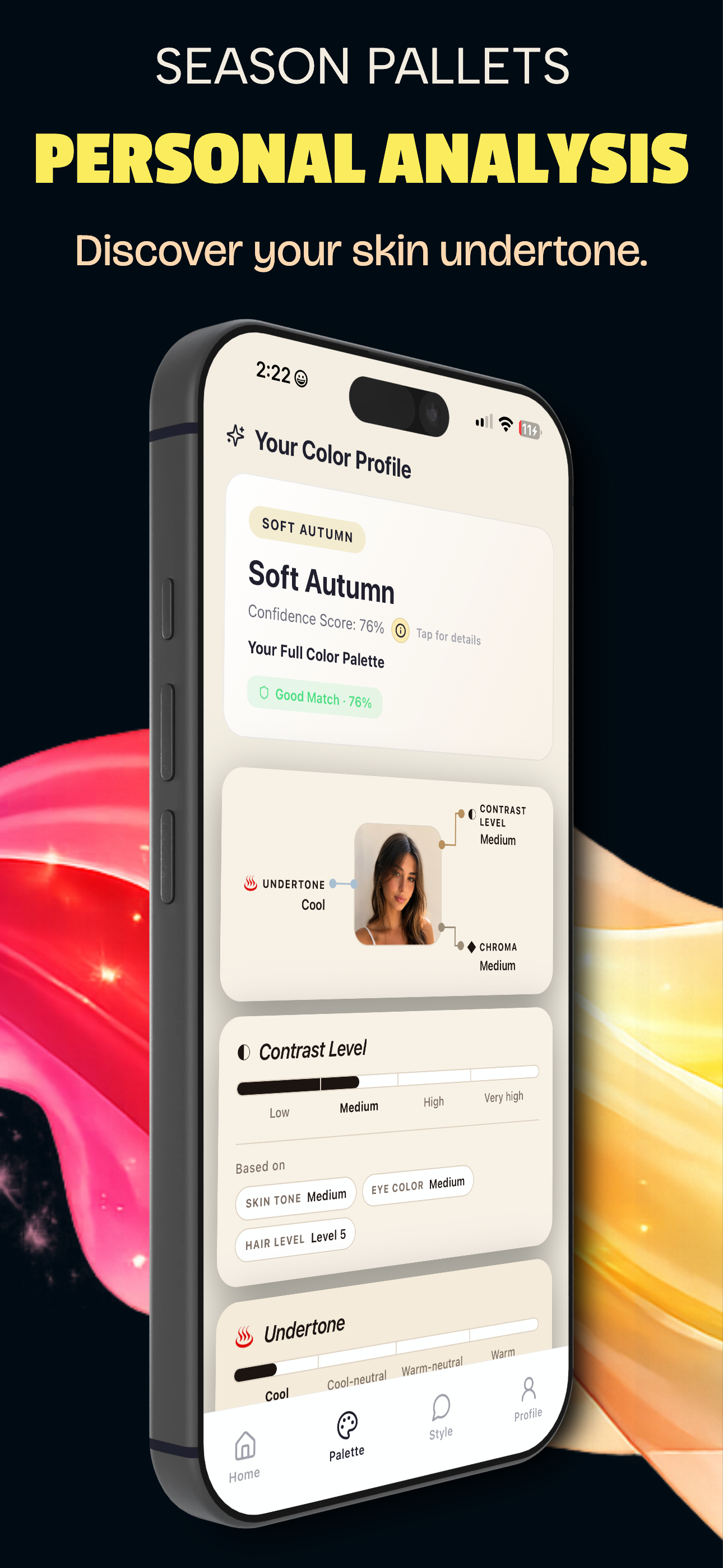 Personal analysis screen showing Soft Autumn season with cool undertone, medium contrast and chroma