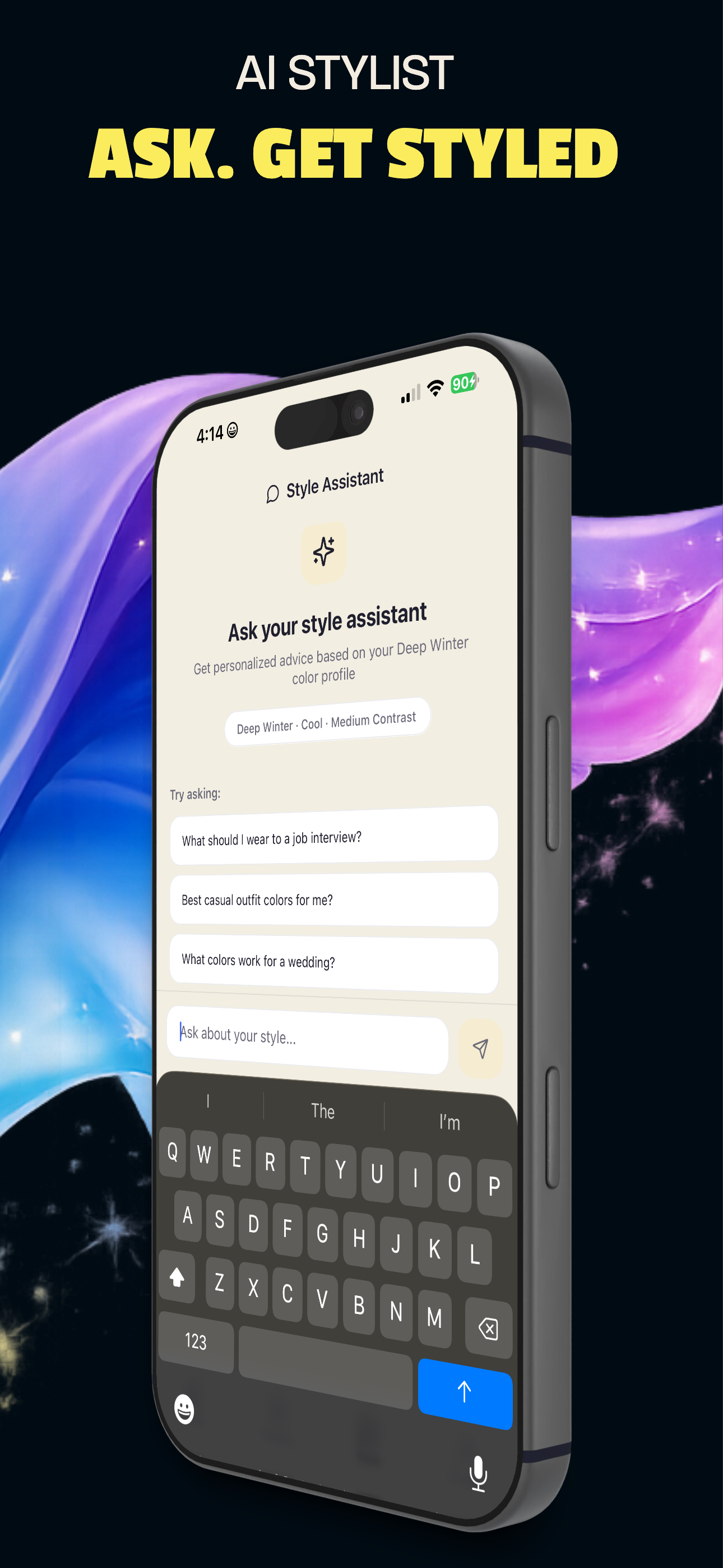 AI stylist assistant ready to answer questions about job interviews, casual outfits, and wedding colors