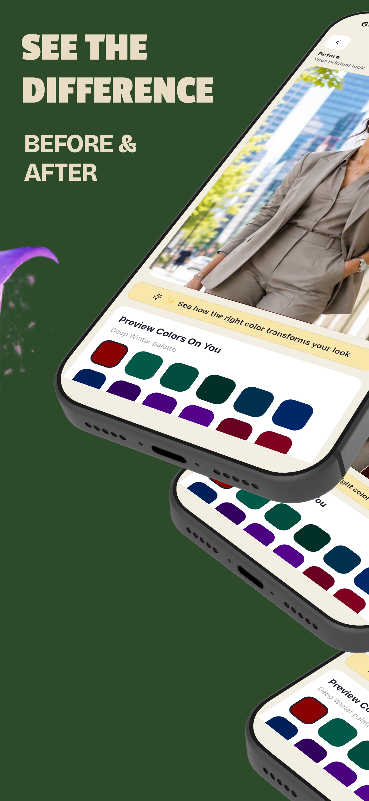 See the difference, before and after preview comparing your original look to your Deep Winter best colors