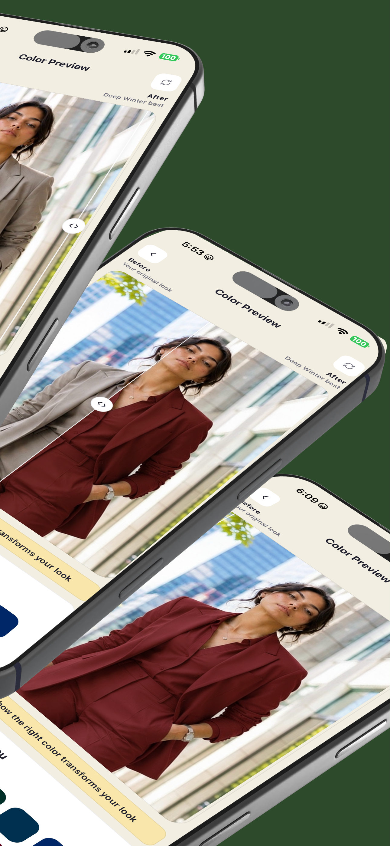 Color preview transformations showing your outfit in your best Deep Winter palette colors
