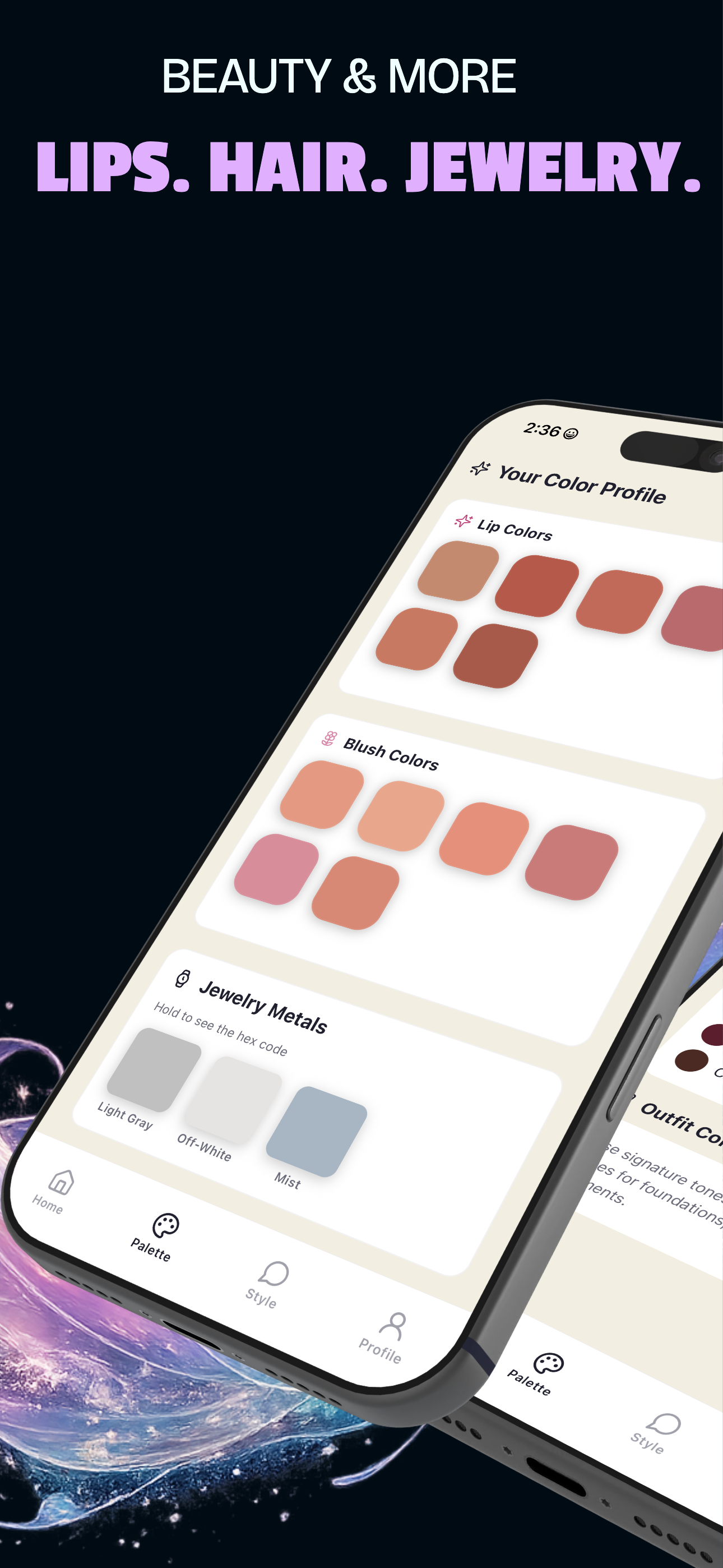 Beauty matching screen with lip colors, blush colors, and jewelry metals tailored to your undertone
