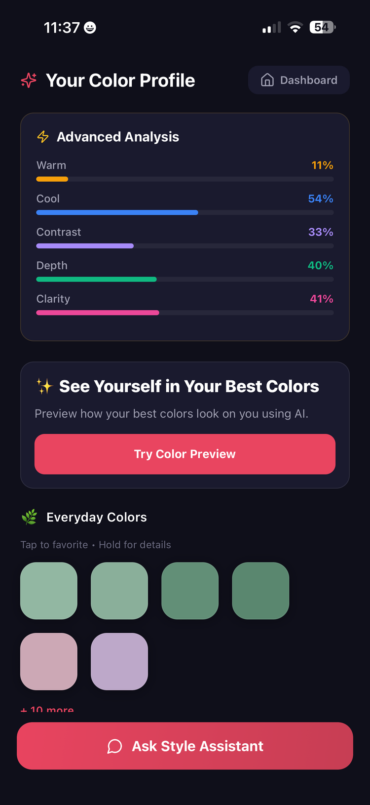 Advanced color analysis with warm cool contrast depth clarity metrics