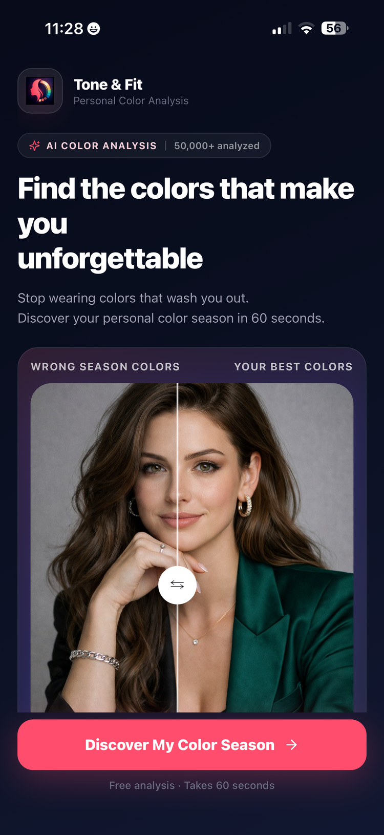 Tone and Fit home screen with before and after color comparison