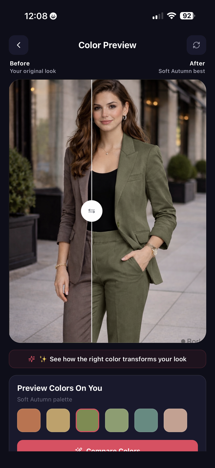 AI color preview showing before and after outfit transformation in best colors