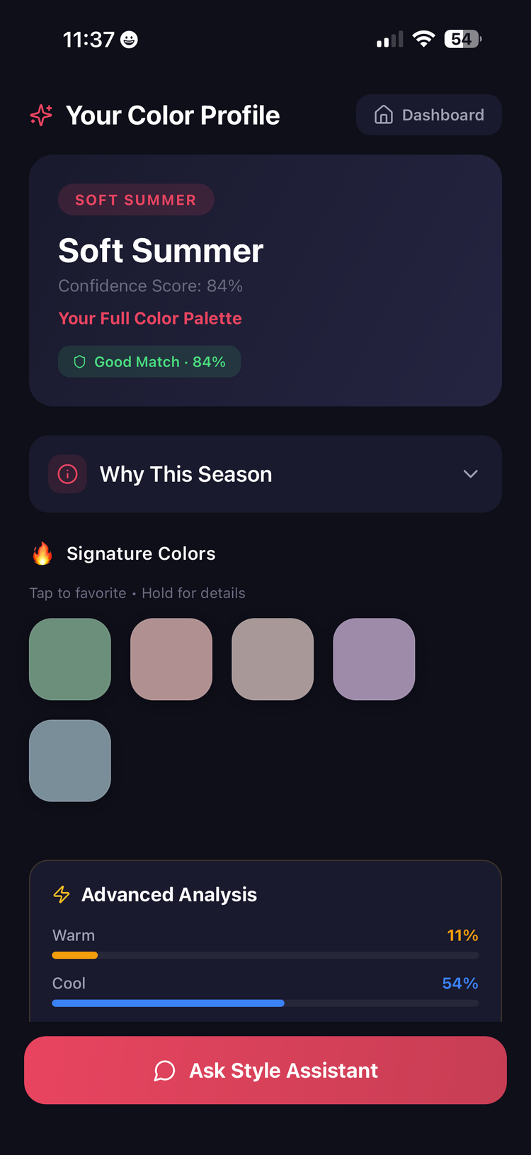 Soft Summer color profile with confidence score and signature colors