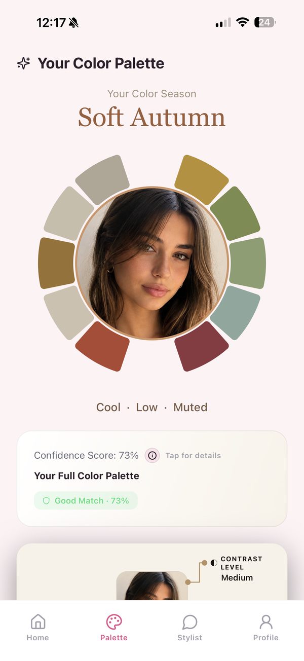 Tone & Fit result screen naming the user a Soft Autumn, with the season's colour wheel around their selfie and a 73% confidence score