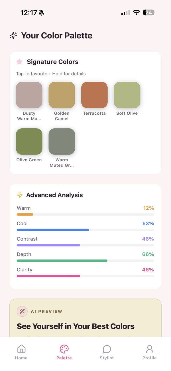 Signature colours for Soft Autumn - dusty warm mauve, golden camel, terracotta, soft olive - above an advanced analysis of warmth, contrast, depth and clarity