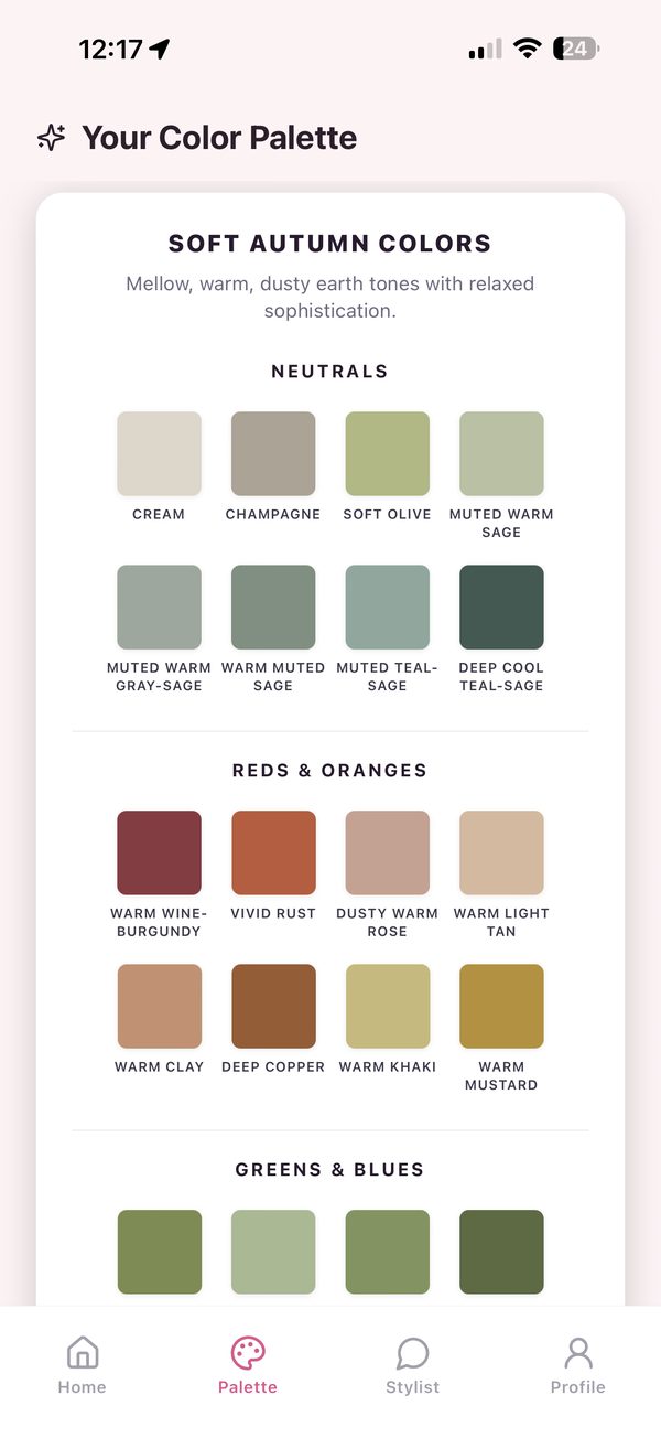 The full Soft Autumn palette grouped into neutrals, reds and oranges, and greens and blues