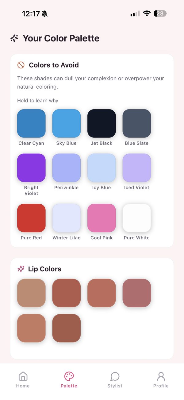 Colours to avoid for Soft Autumn, including clear cyan, jet black, icy blue and pure white, with the recommended lip shades below