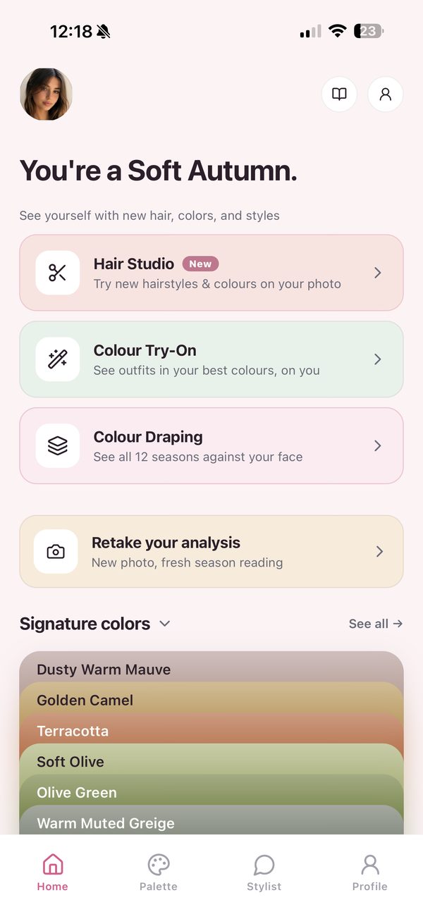 Tone & Fit home screen after analysis, offering hair studio, colour try-on and colour draping