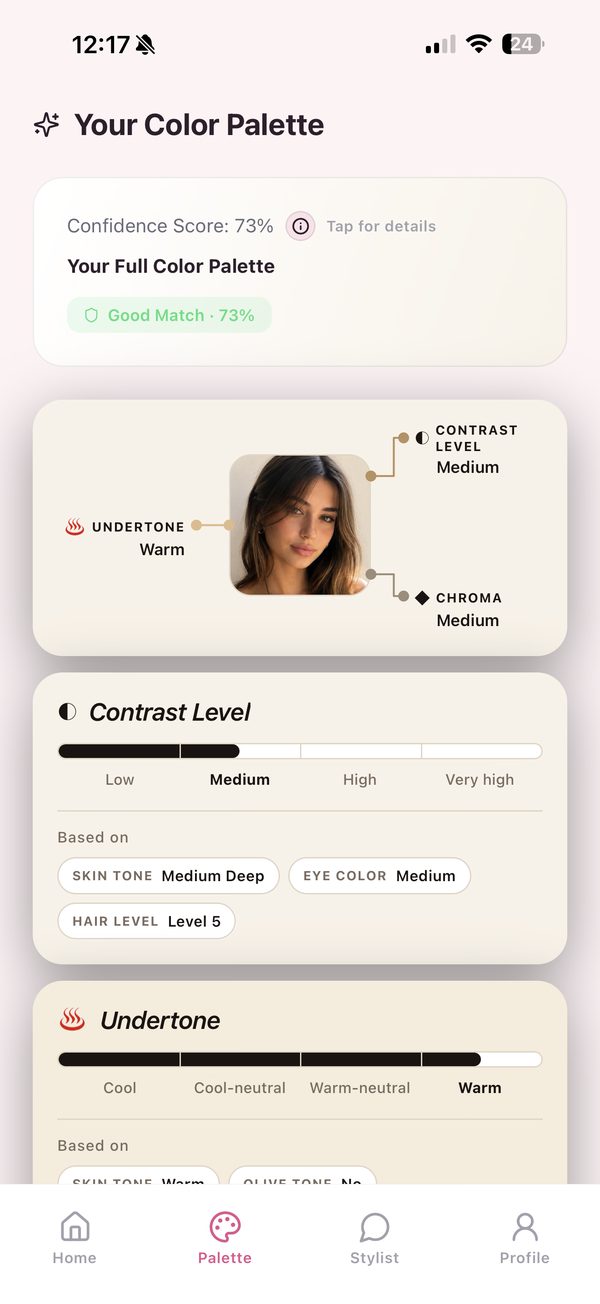 Contrast level and undertone detail view showing how the season was calculated from skin, eye and hair readings