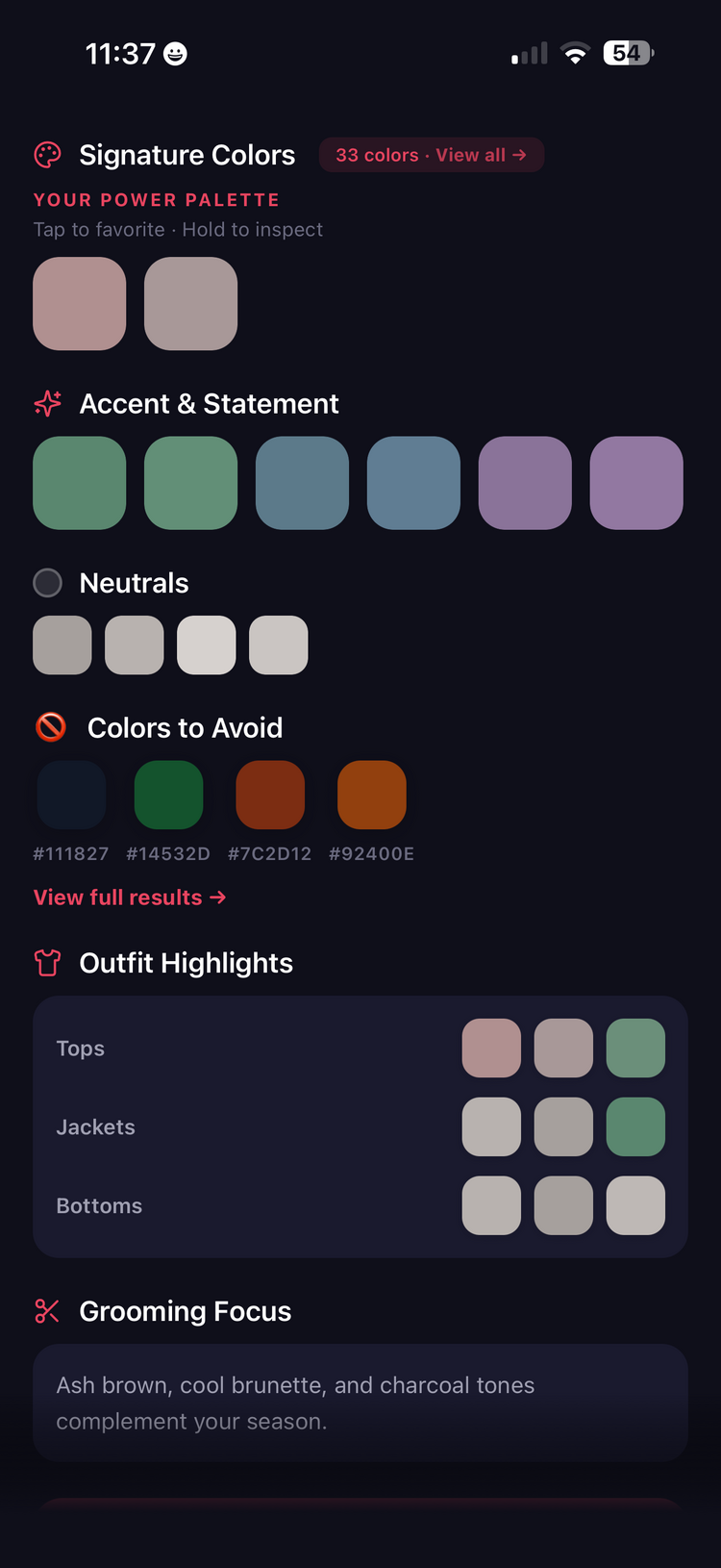 Dashboard showing outfit highlights for tops jackets bottoms