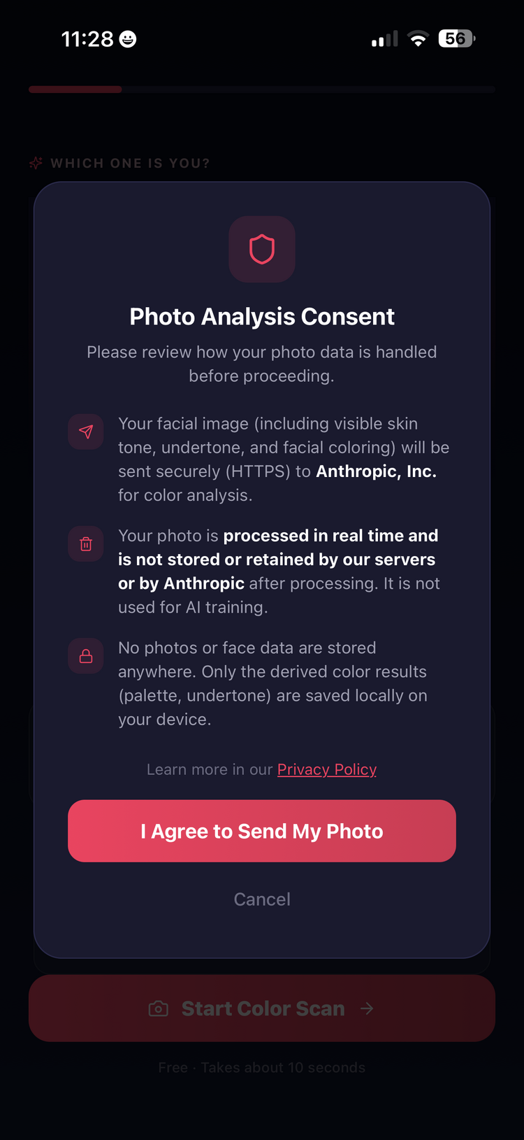 Privacy first photo consent showing data is never stored