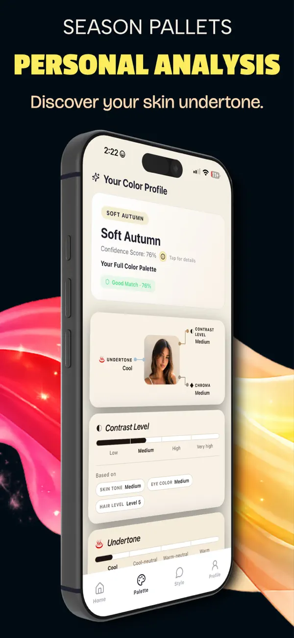 Color profile with undertone, contrast level, and chroma analysis