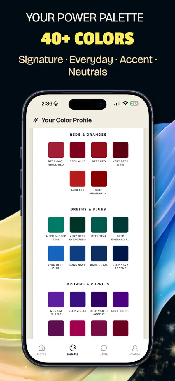 Power palette with 40+ named colors grouped by signature, everyday, accent, and neutrals