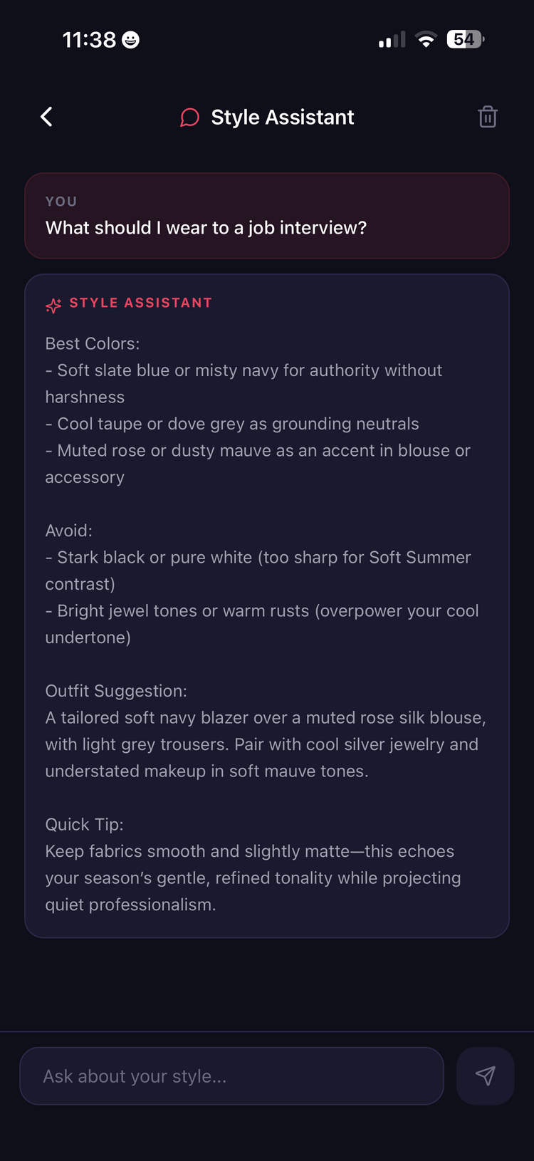 AI style assistant answering what to wear to a job interview