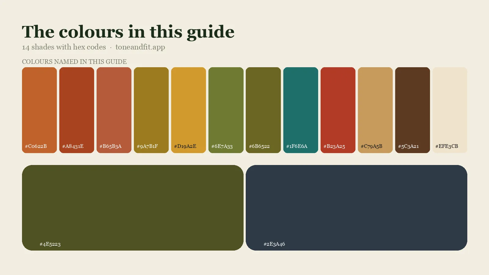 Swatch strip of the 14 colours named in this guide, with hex codes, starting with Pumpkin, Rust, Terracotta, Mustard