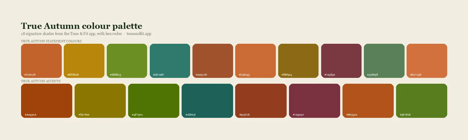 True Autumn colour palette strip: ten statement shades and eight accents from the Tone & Fit app, with hex codes