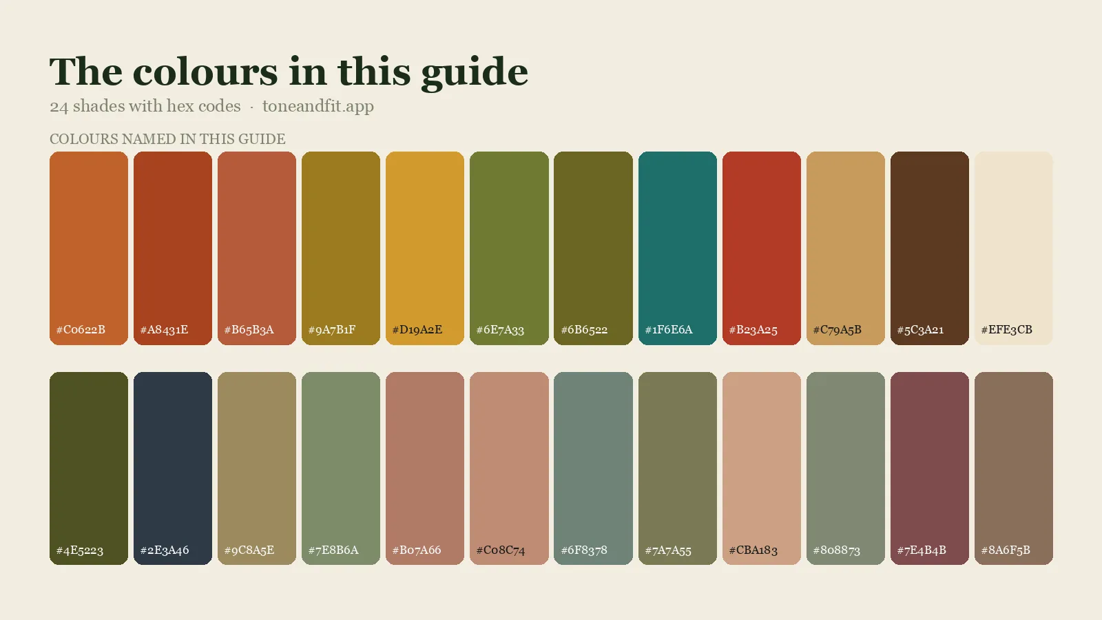 Swatch strip of the 24 colours named in this guide, with hex codes, starting with Pumpkin, Rust, Terracotta, Mustard