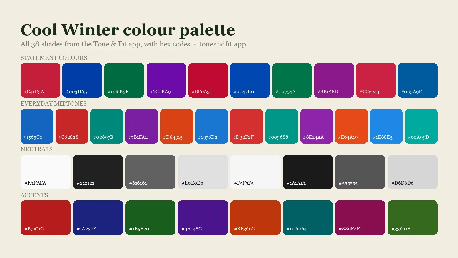 Cool Winter colour palette swatch board: all 38 shades from the Tone & Fit app with hex codes