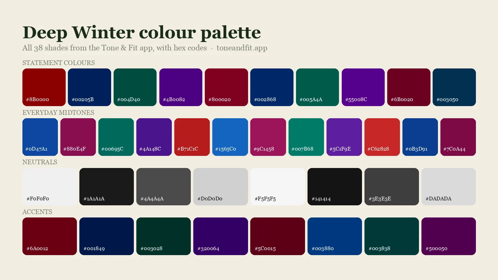 Deep Winter colour palette swatch board: all 38 shades from the Tone & Fit app with hex codes
