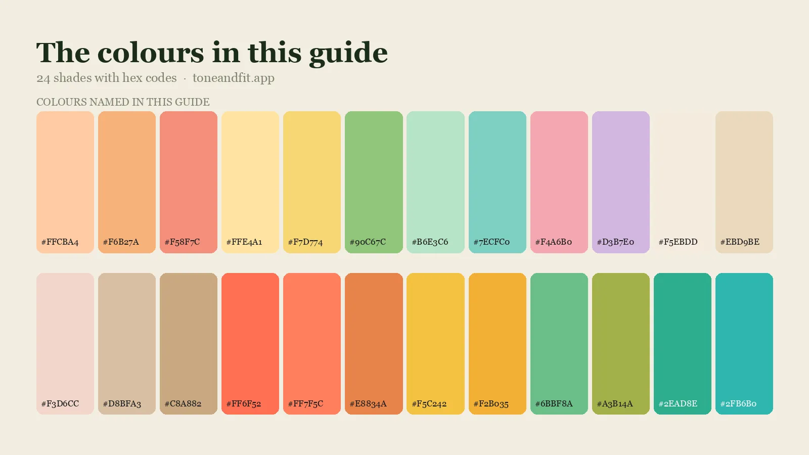 Swatch strip of the 24 colours named in this guide, with hex codes, starting with Peach, Apricot, Coral Pink, Buttercream