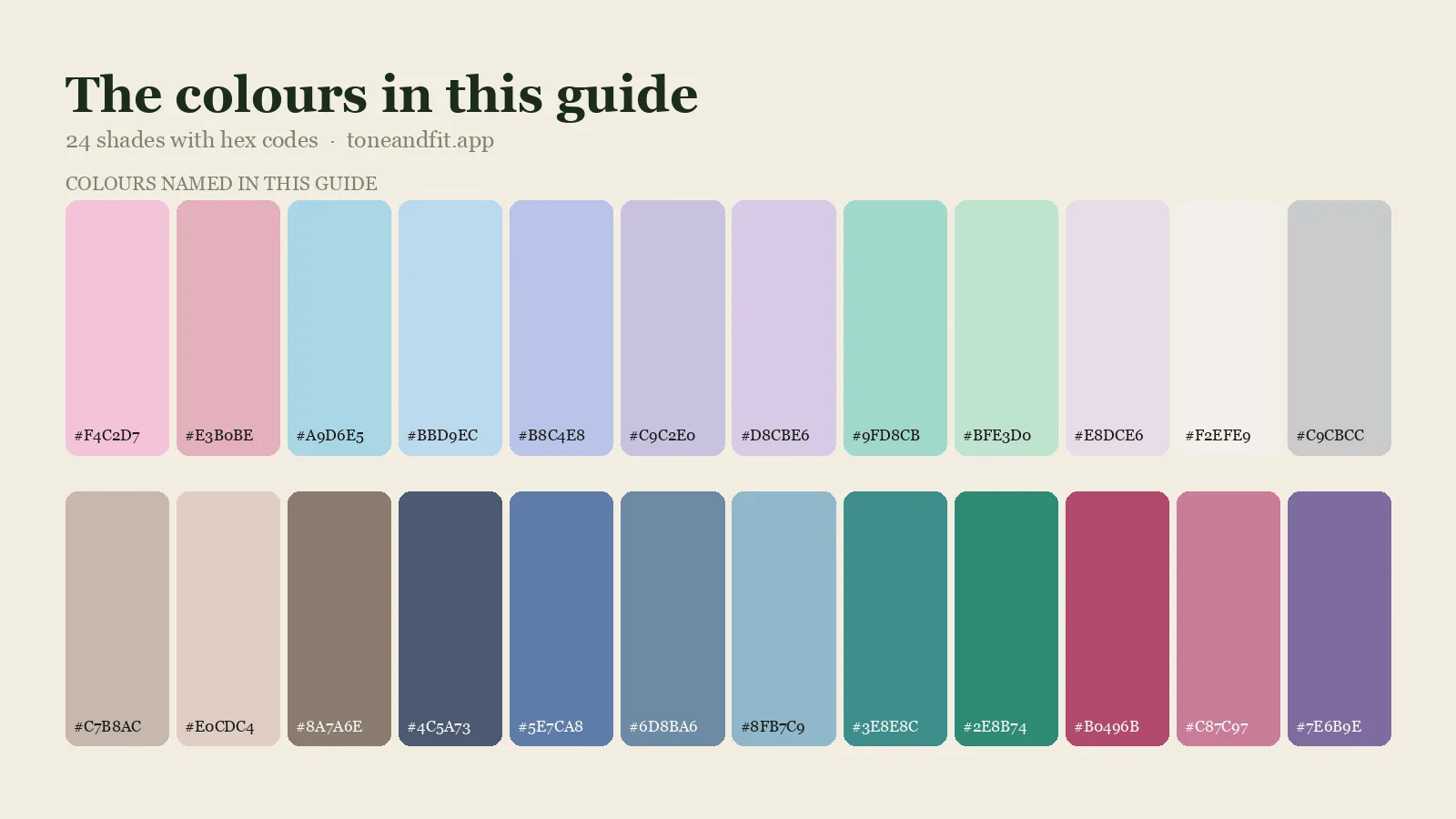 Swatch strip of the 24 colours named in this guide, with hex codes, starting with Ballet Pink, Dusty Rose, Powder Blue, Soft Sky