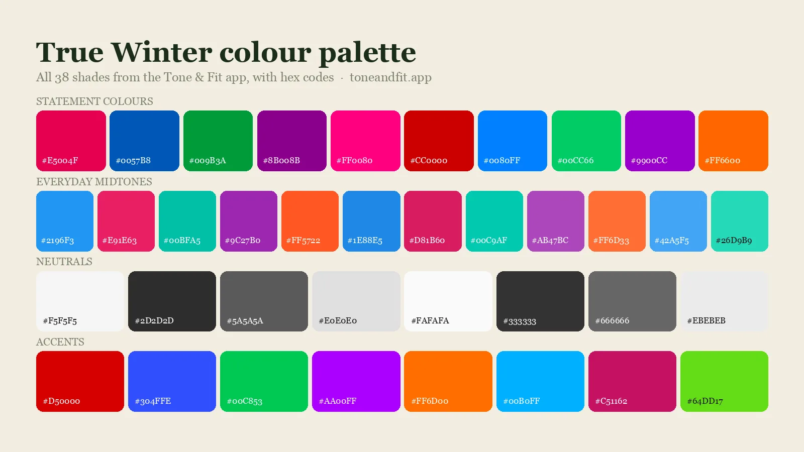 True Winter colour palette swatch board: all 38 shades from the Tone & Fit app with hex codes