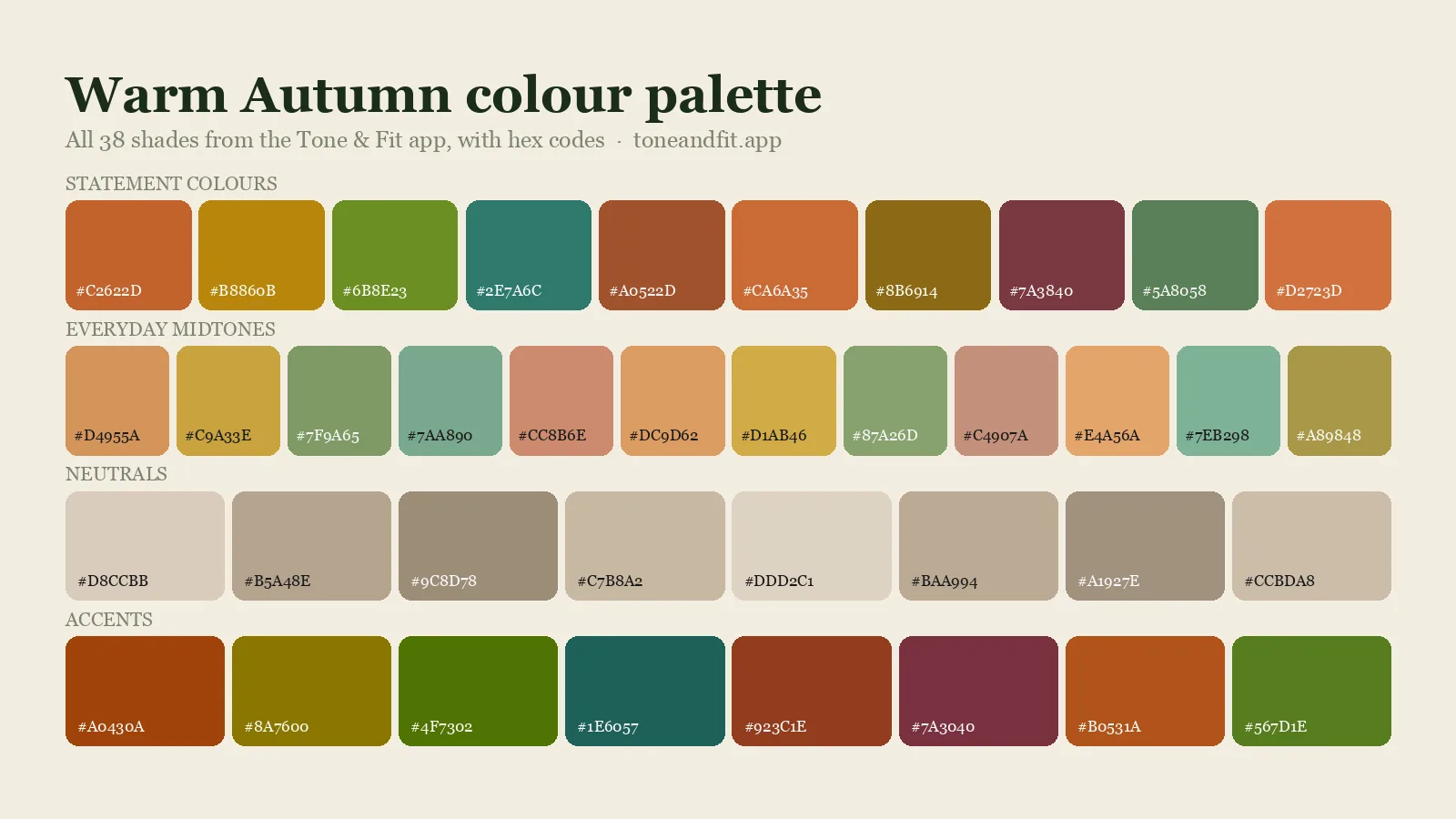 Warm Autumn colour palette swatch board: all 38 shades from the Tone & Fit app with hex codes