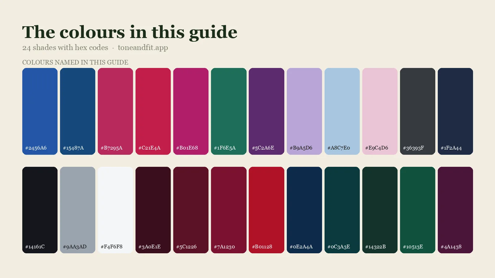 Swatch strip of the 24 colours named in this guide, with hex codes, starting with Cobalt, Sapphire, Cool Raspberry, Blue-Red